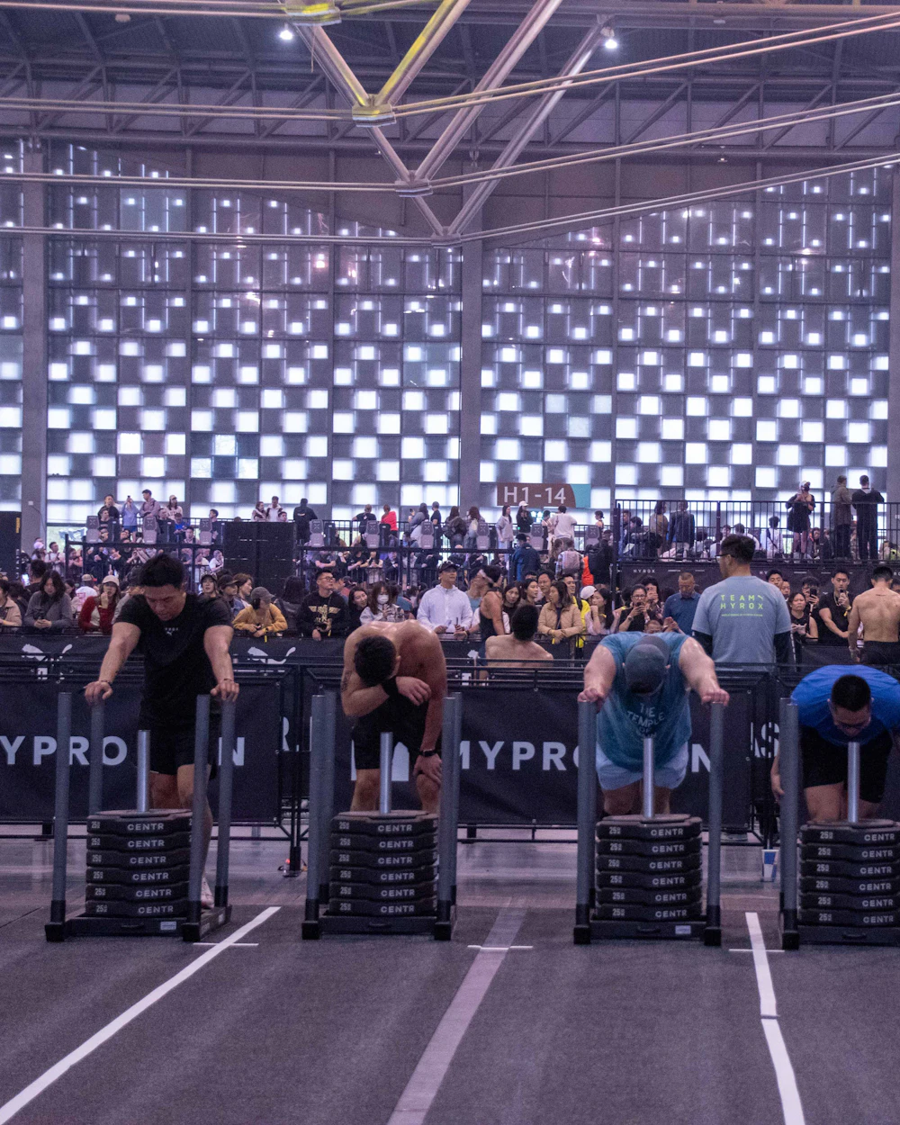 Athletes pushing weighted sleds at a Hyrox race
